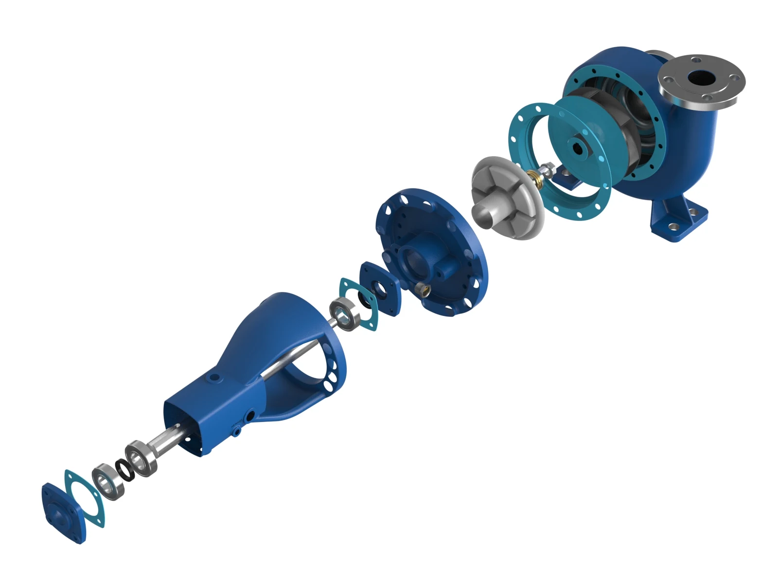 Exploded view rendering of a centrifugal pump along the shaft axis