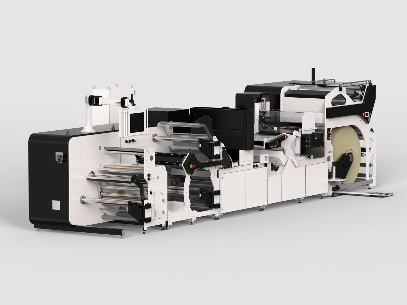Industrial machine 3D rendering of a digital label printing line, built from CAD