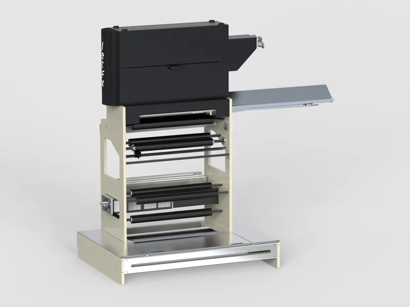 JetFX inkjet module on stand 3D rendering, Front view with the feed tray