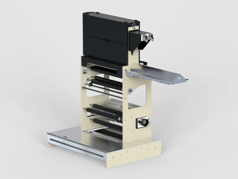 JetFX inkjet module on stand 3D rendering, Right three-quarter view with feed tray