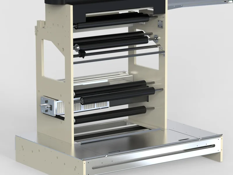 JetFX inkjet module on stand 3D rendering, Roller path through the stand at close range