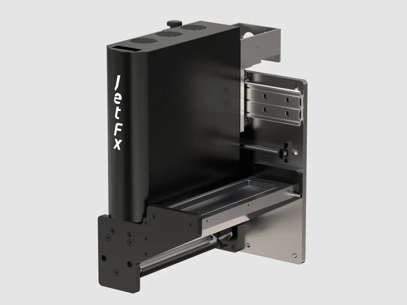 JetFX print-head module 3D rendering, Hero view with the JetFX housing and ink tray