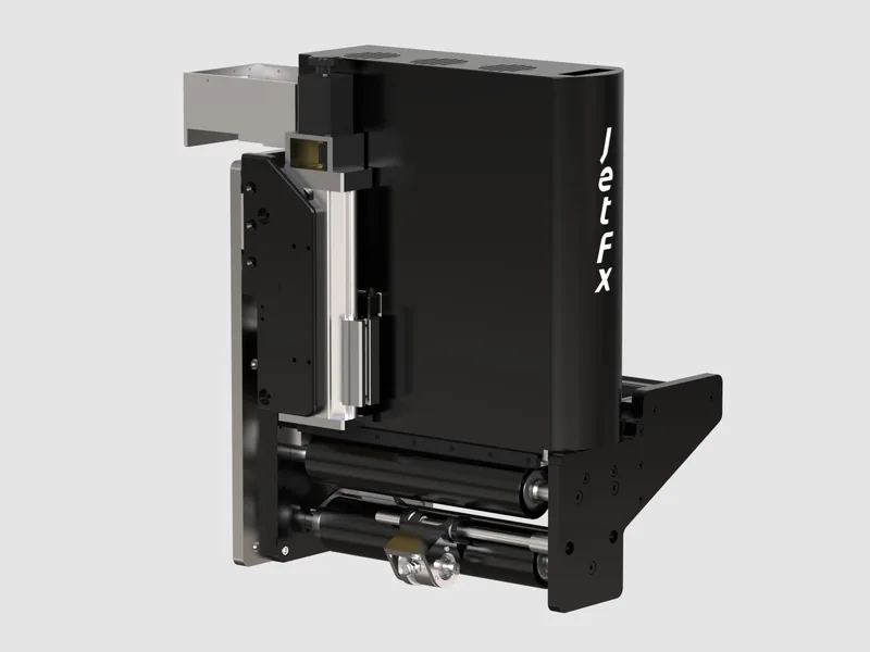JetFX print-head module 3D rendering, Operator side with carriage and guide rail