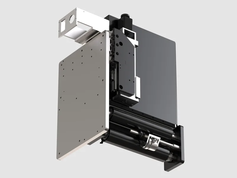 JetFX print-head module 3D rendering, Mounting plate and carriage from the side
