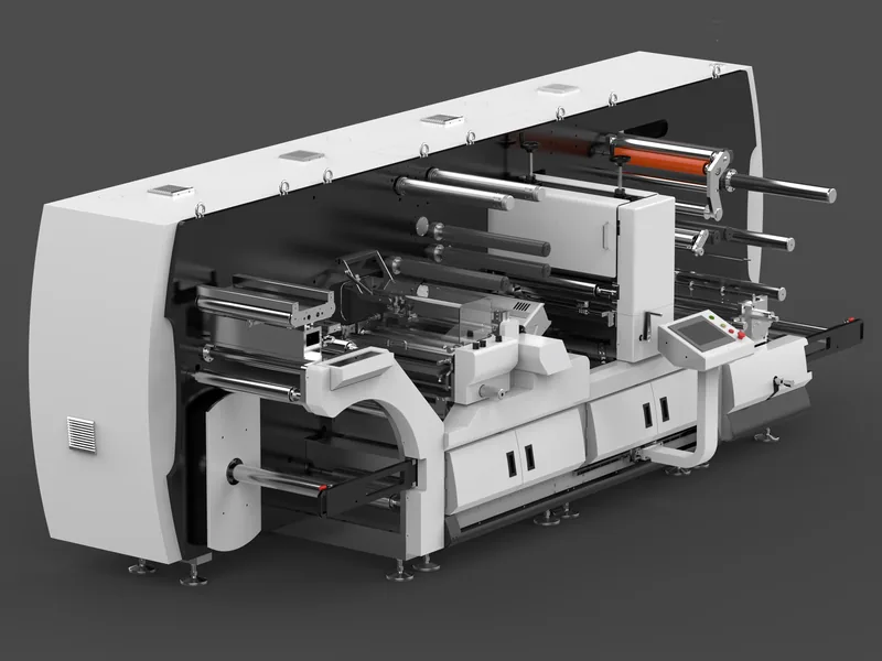 Rotary die-cutting machines, two models 3D rendering, Model A from a high angle, full web path
