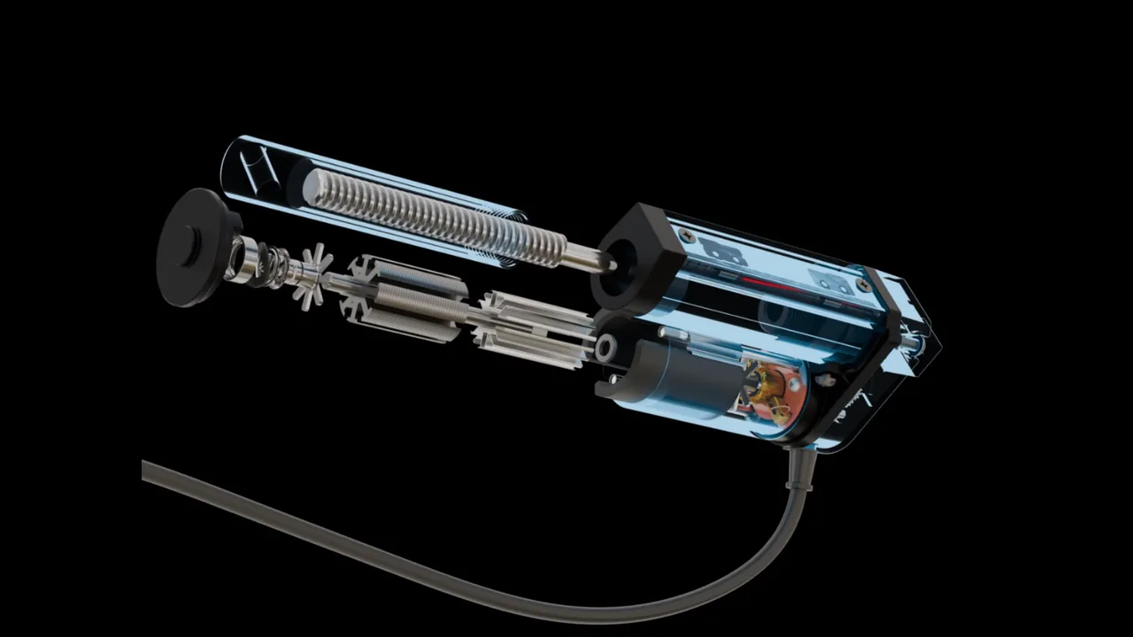 Linear actuator x-ray animation, still from the 3D animation
